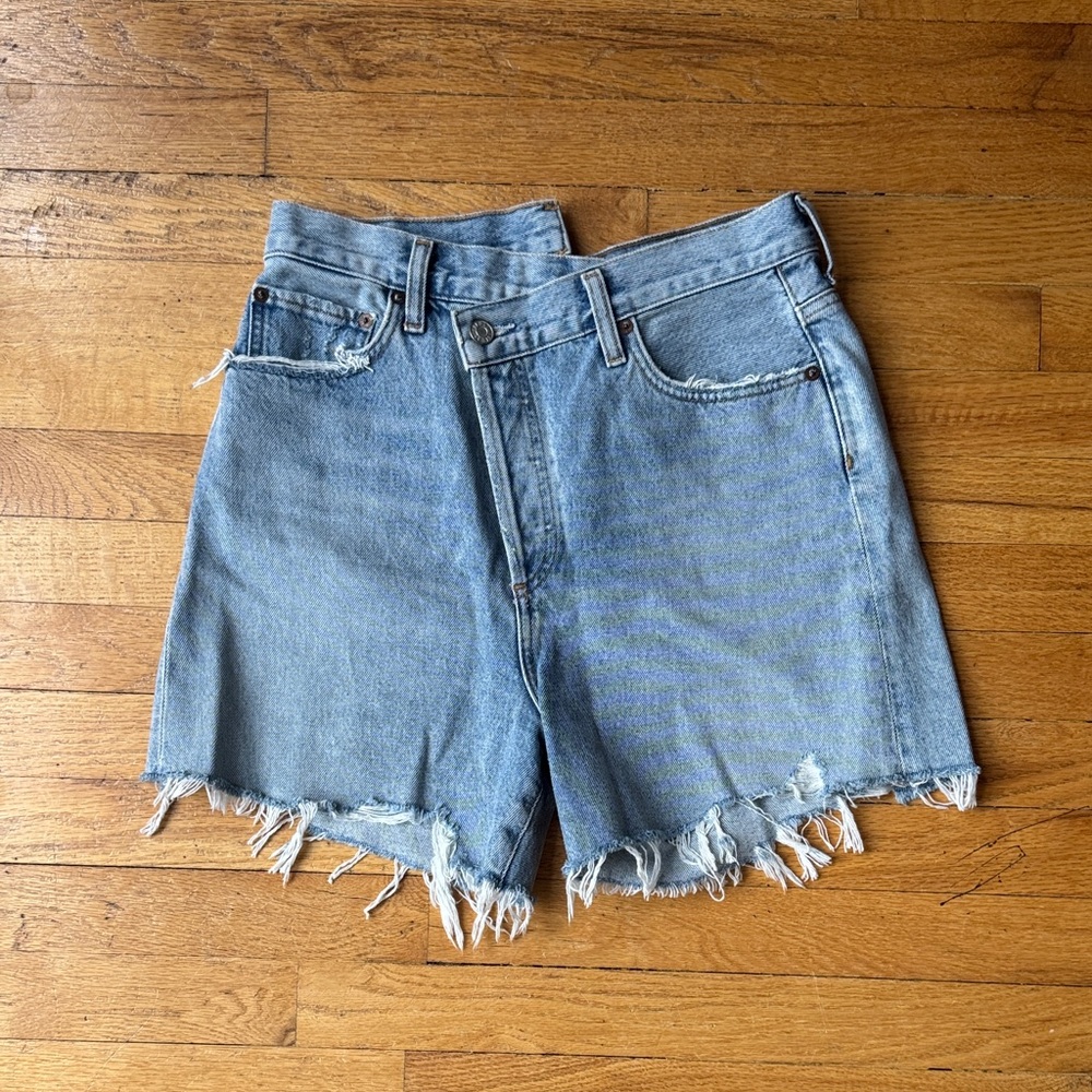 Agolde Light Blue High-Rise Distressed Denim Shorts